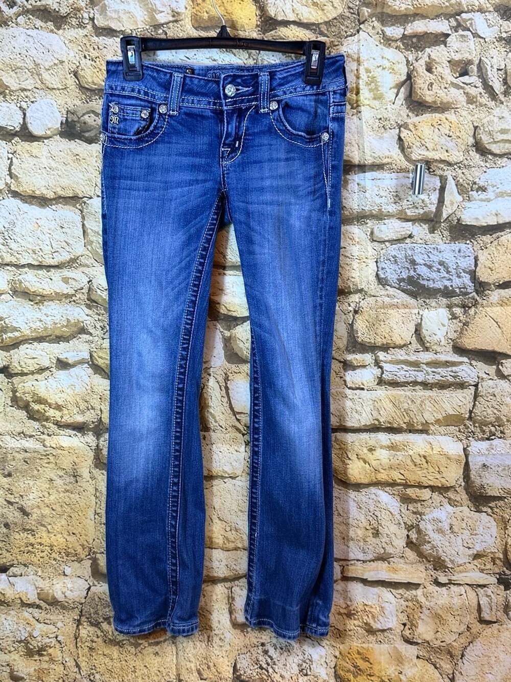 Miss Me Signature Sequin Flap Pocket Bootcut Jeans Blue Denim